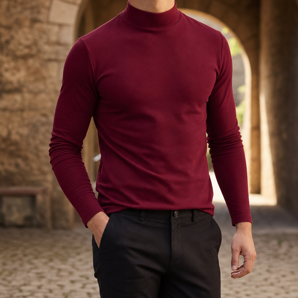 Santander Slim Fit Mock Neck in Wine Red
