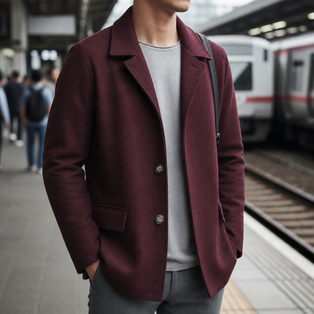 Soller Slim Wool Overcoat in Wine Red