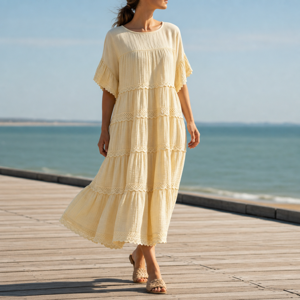 Bilbao Tiered Lace Trim Dress in Yellow
