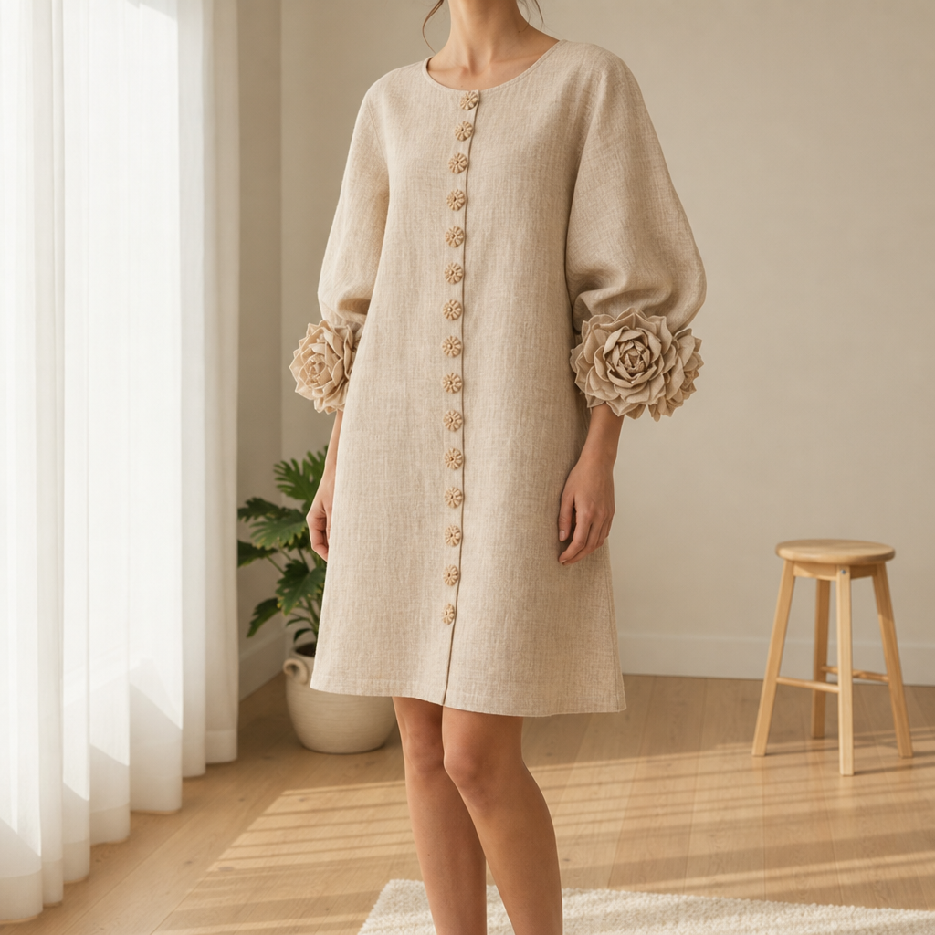 Marvao Rosette Cuff Linen Dress in Beige