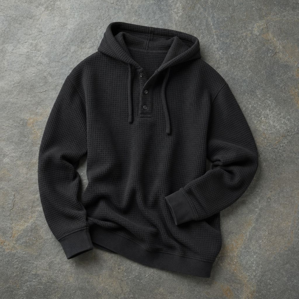Sarentina Waffle Knit Henley Hoodie in Black