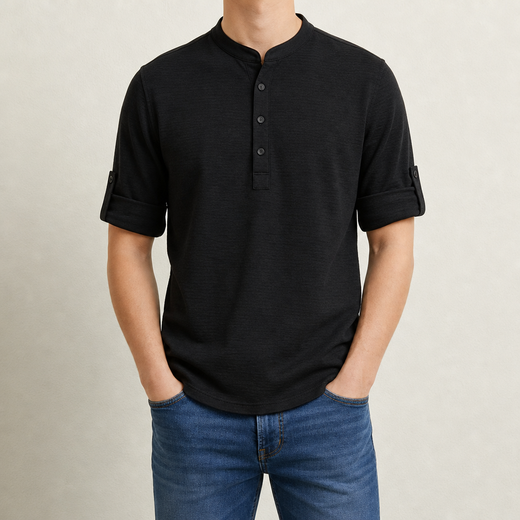 Ierapetra Waffle Henley Shirt in Black