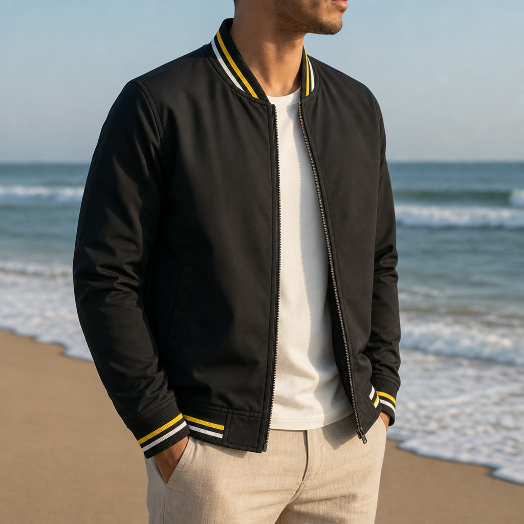 Split Striped Trim Zip Jacket in Black