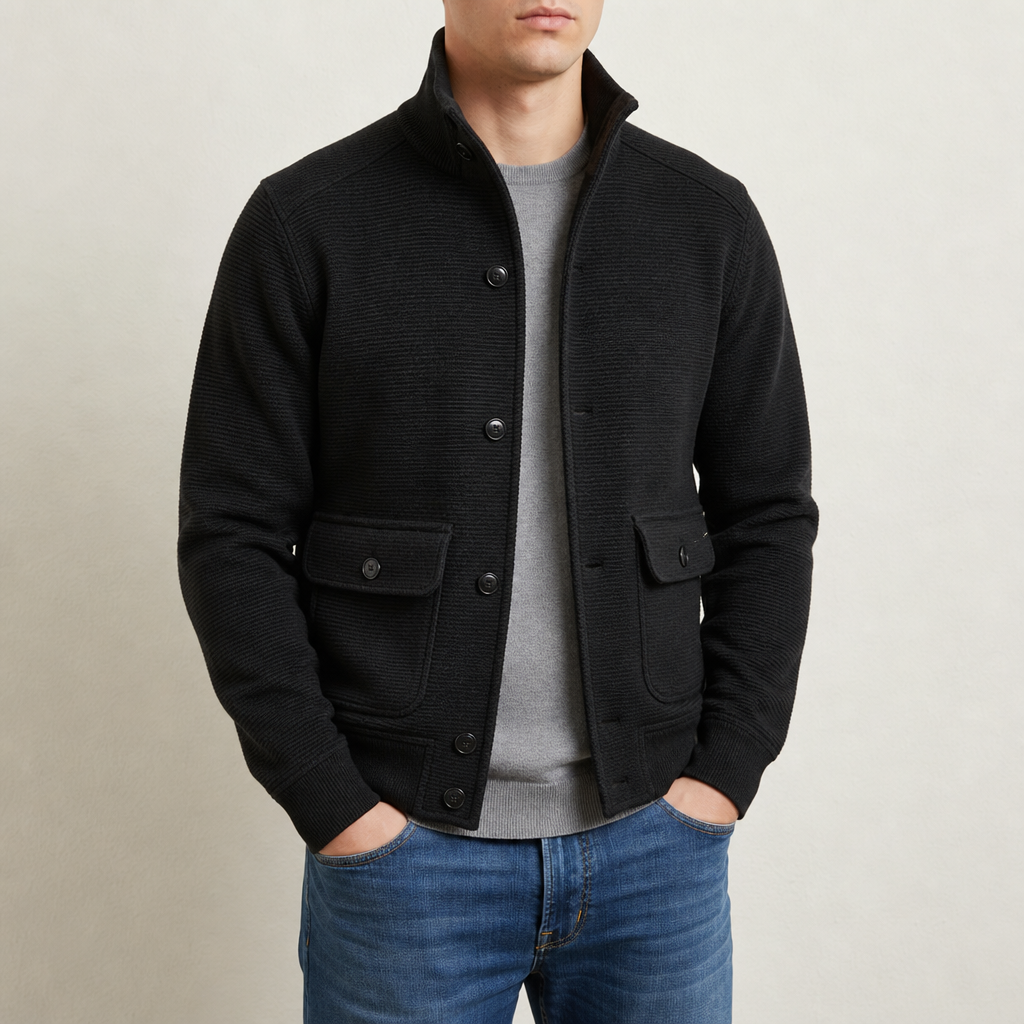 Merano Stand Collar Knit Jacket in Black