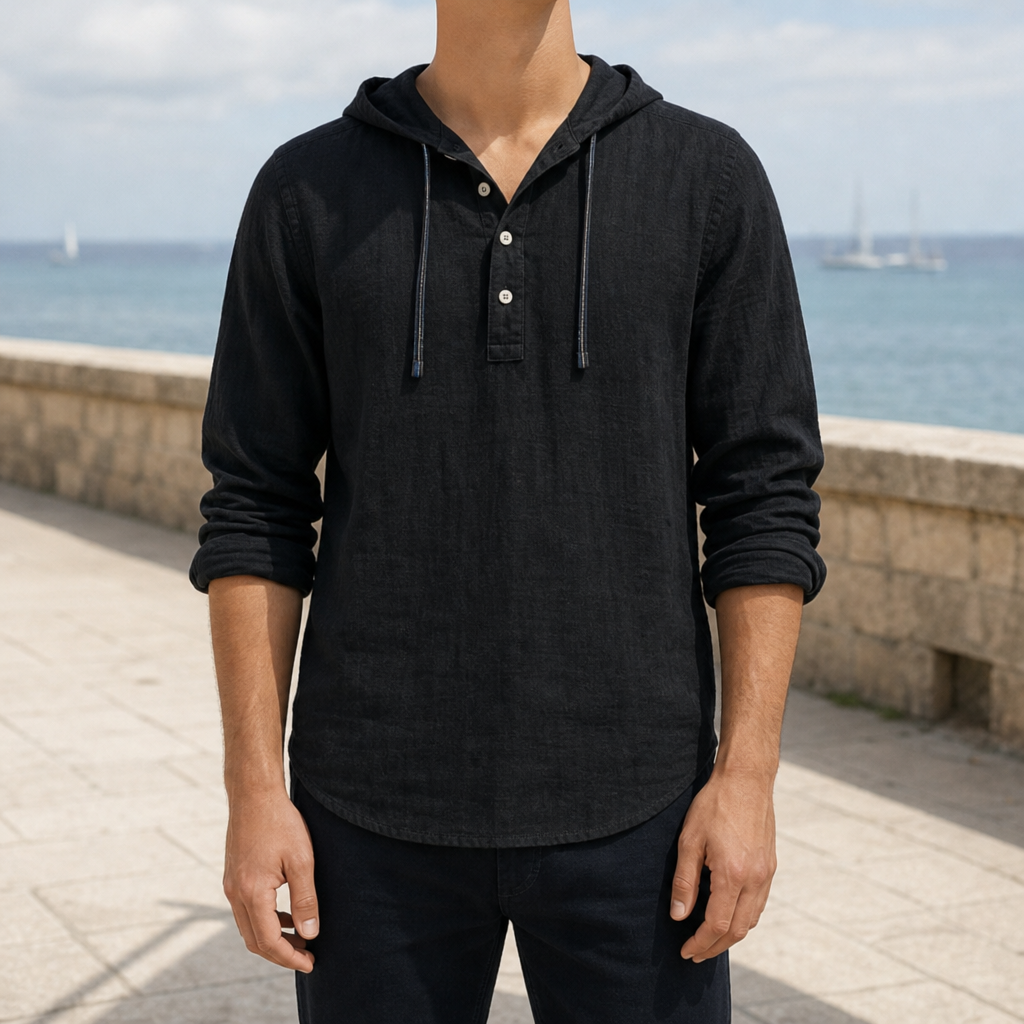 Tavira Linen Hooded Henley in Black