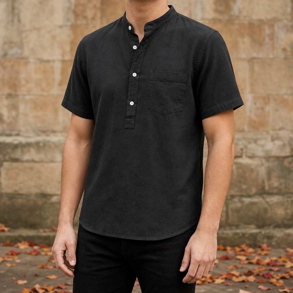 Cortona Band Collar Casual Shirt in Black