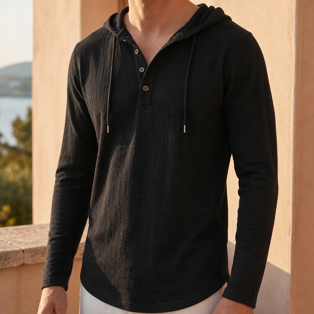 Montepulciano Linen Henley Hoodie Shirt in Black