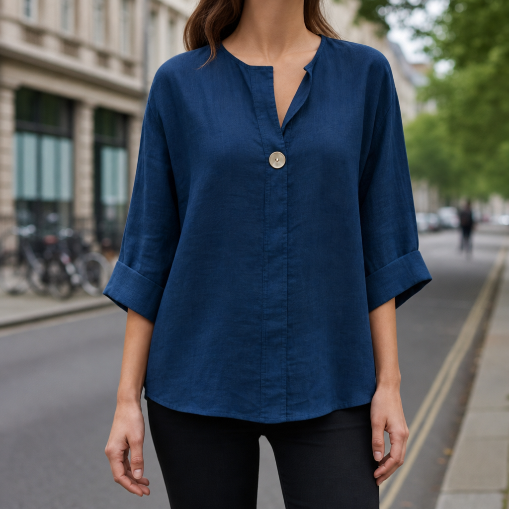 Amorgos Linen V-Neck Blouse in Blue