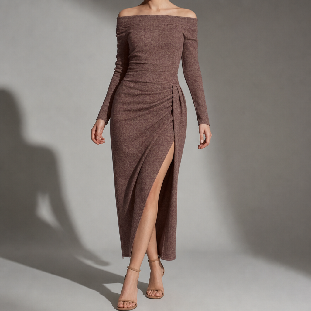 Pisa Ruched Slit Midi Dress in Brown