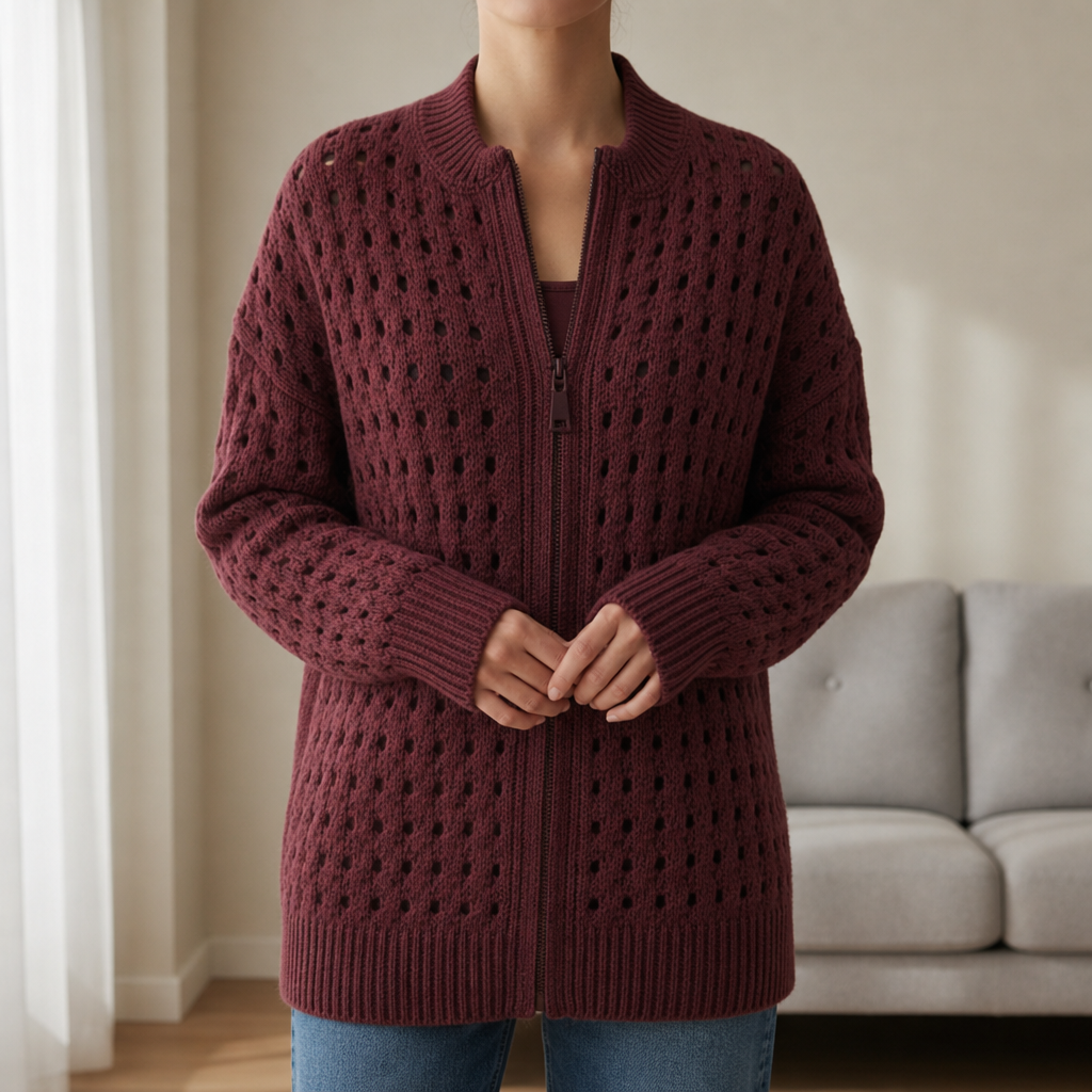 Modica Hollow Knit Zip Cardigan in Burgundy