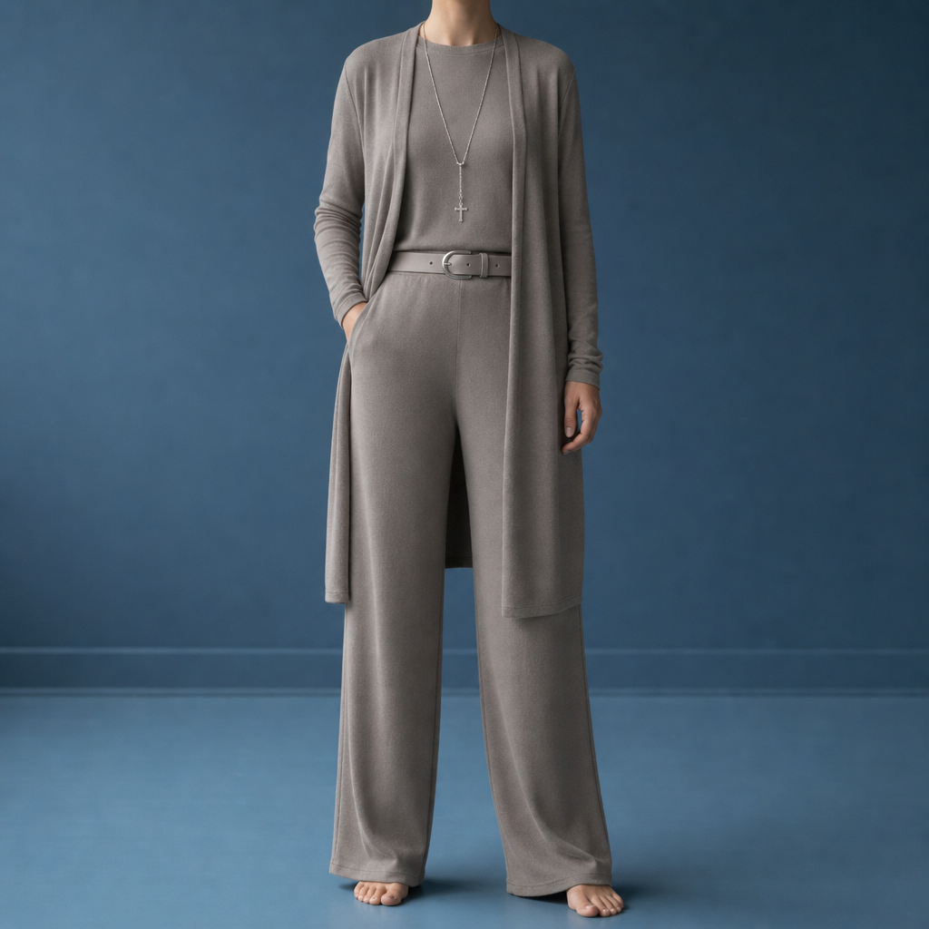 Sete Cardigan Top Pants Set in Cross Necklace Steel Color (60CM)