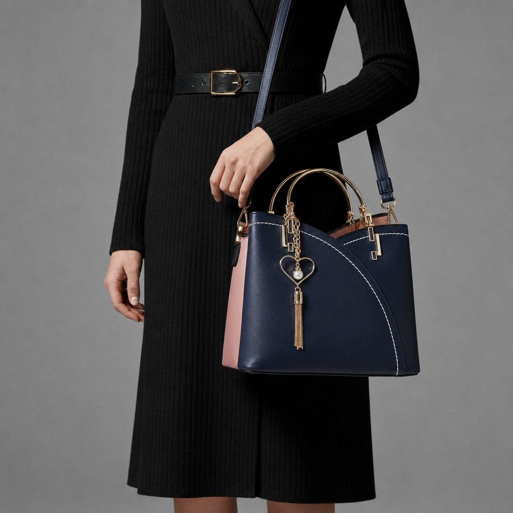 Verona Dual-Tone Structured Handbag in Dark Blue