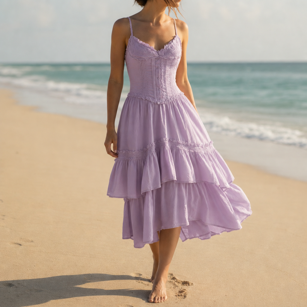 Hyeres Corset Tiered Midi Dress in Dusty Lavender