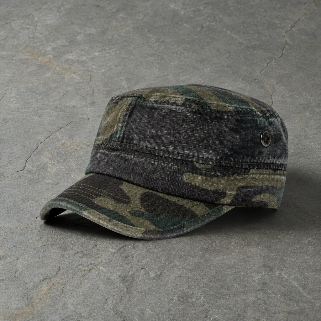 Monaco Washed Military Cadet Cap in Green Camouflage