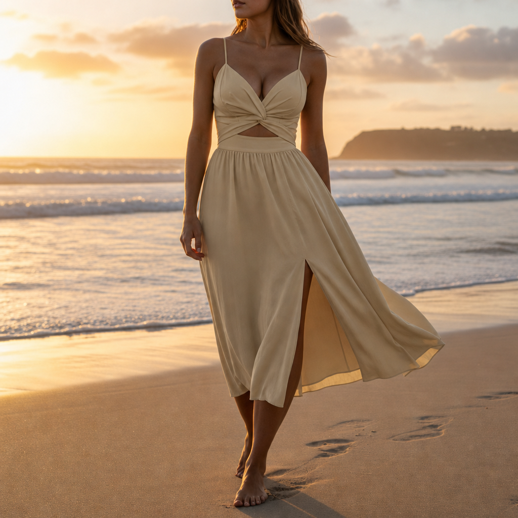 Antiparos Cut-Out Slit Midi Dress in Khaki