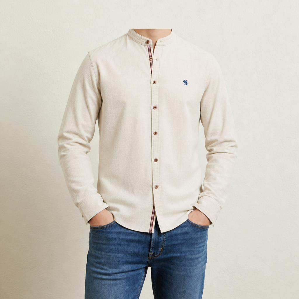 Naxos Band Collar Cotton Shirt in Khaki