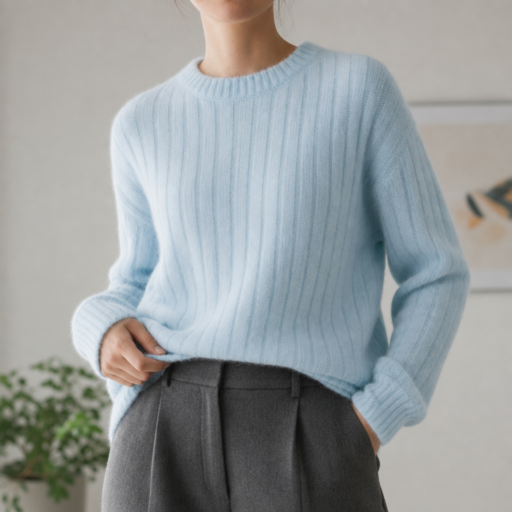 Nerja Fluffy Cashmere Knit Sweater in Light Blue