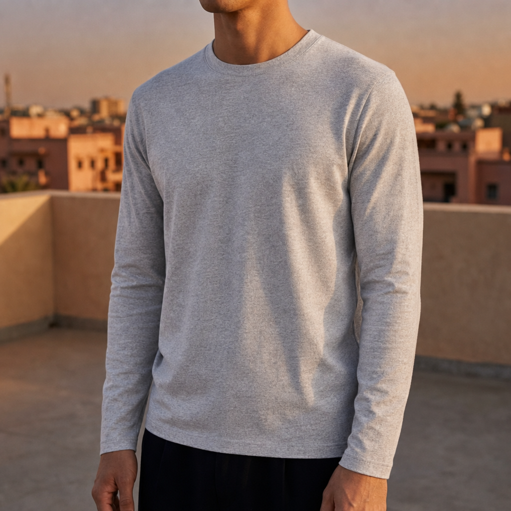 Trento Slim Crewneck Long-Sleeve Tee in Light Gray