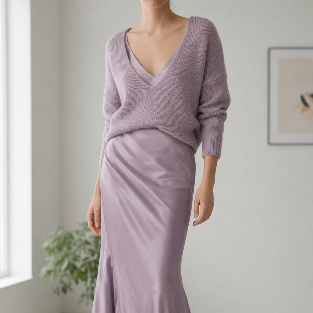 Vence Knit Sweater Satin Set in Lilac