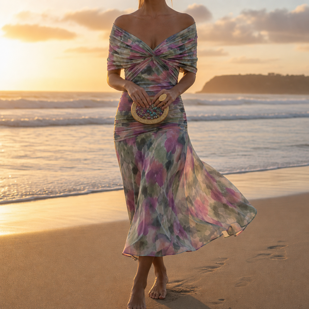 Caceres Ruched Chiffon Midi Dress in Multi-colored