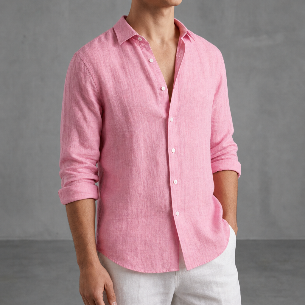 Saint Tropez Linen Relaxed Button-Up Shirt in Pink