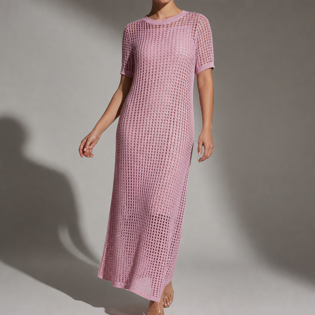 Mijas Crochet Hollow-Out Maxi Dress in Pink