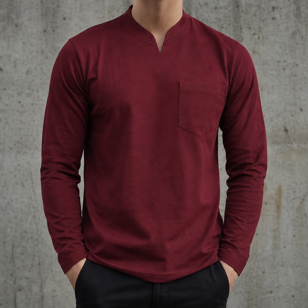 Tropea V-Neck Long Sleeve Tee in Pockets-Burgundy
