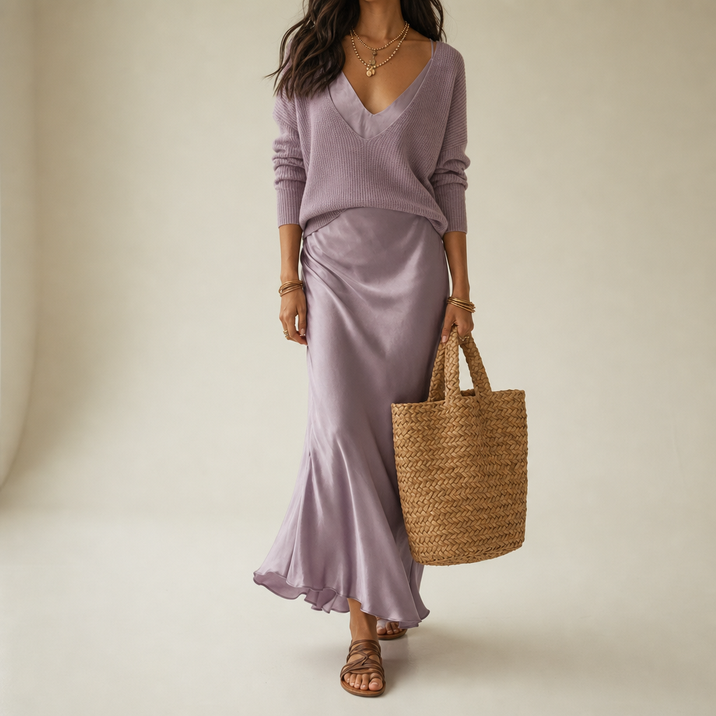 Pylos Satin Midi Skirt Set in Purple