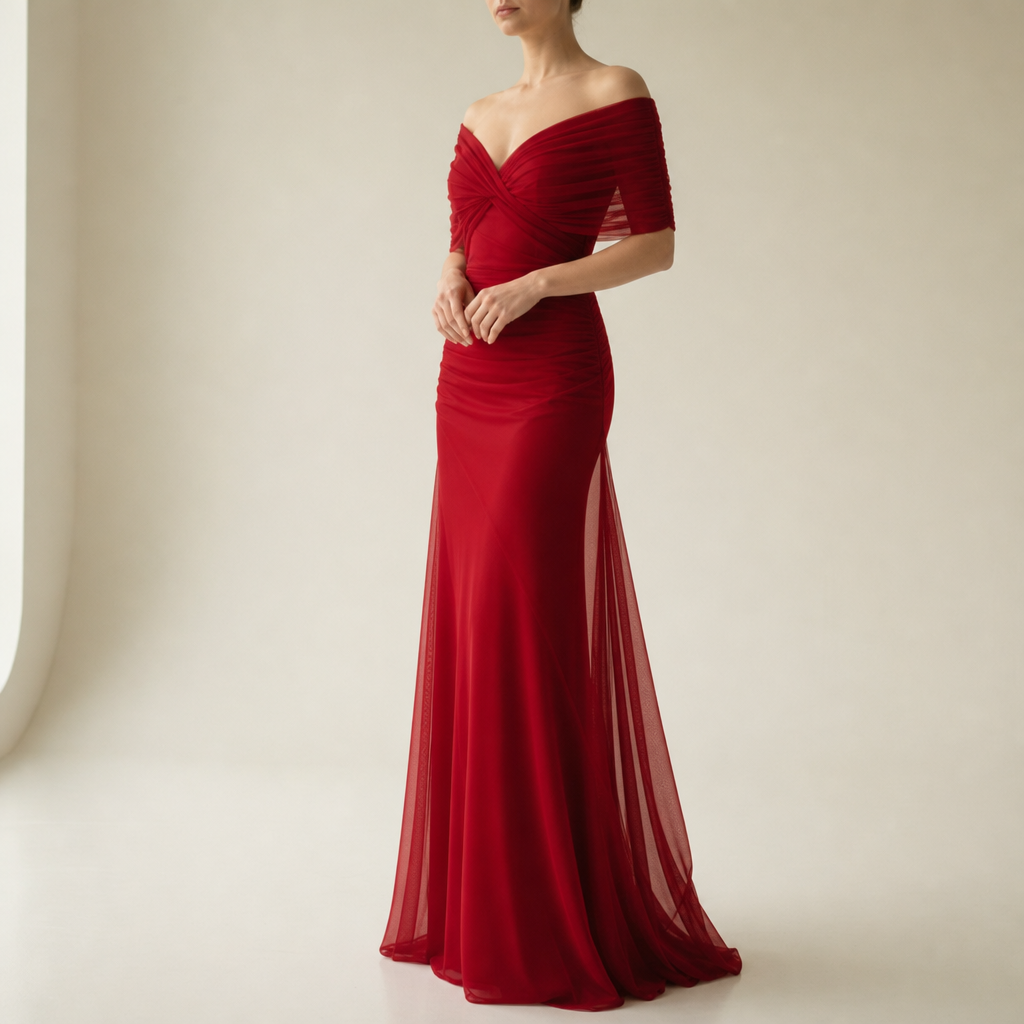 Zakynthos Ruched Chiffon Maxi Dress in Red