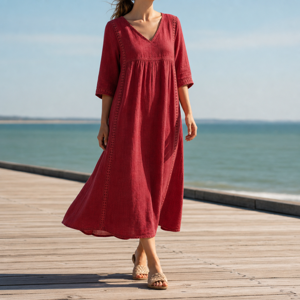 Alonnisos Lace Trim Midi Dress in Red