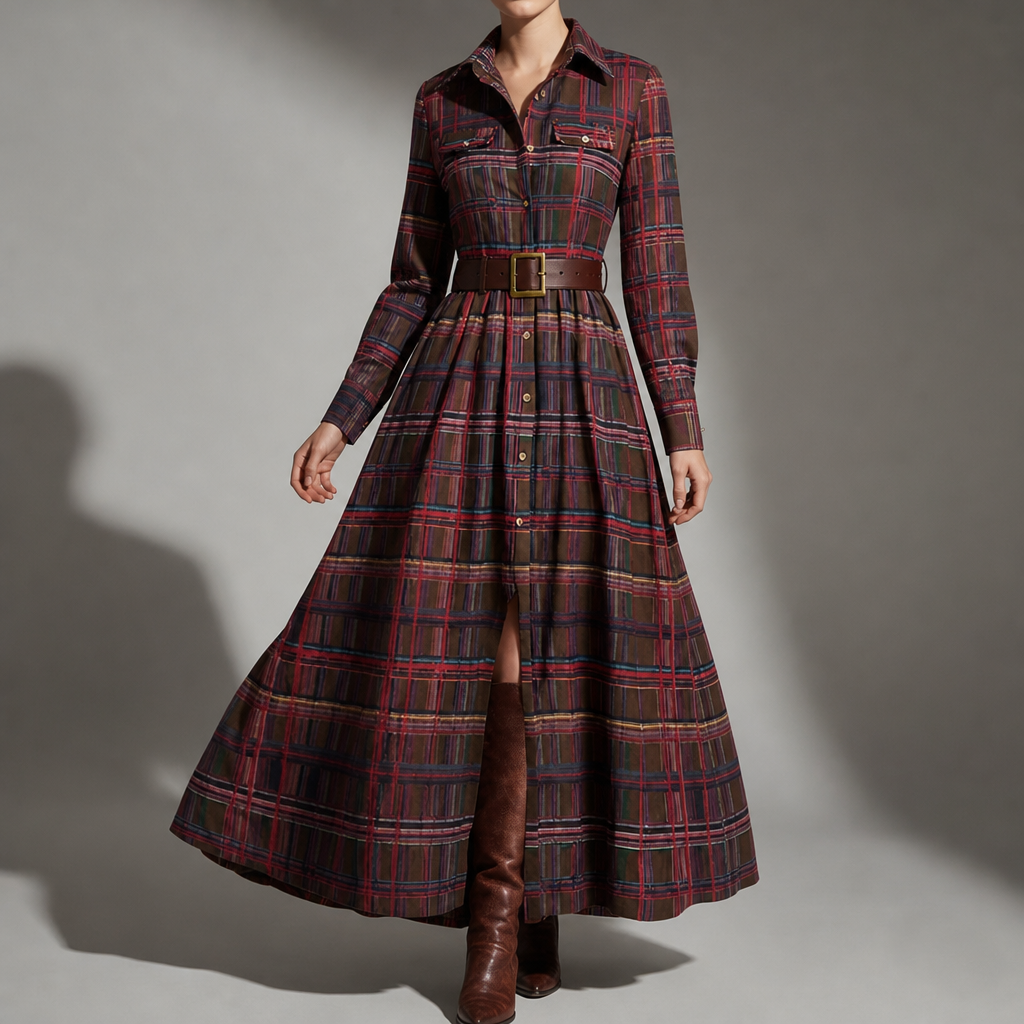 Rabat Plaid Belted Maxi Dress in Reddish Brown