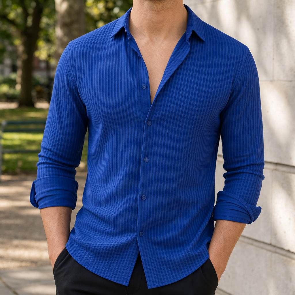 Trujillo Striped Lapel Button Shirt in Royal Blue