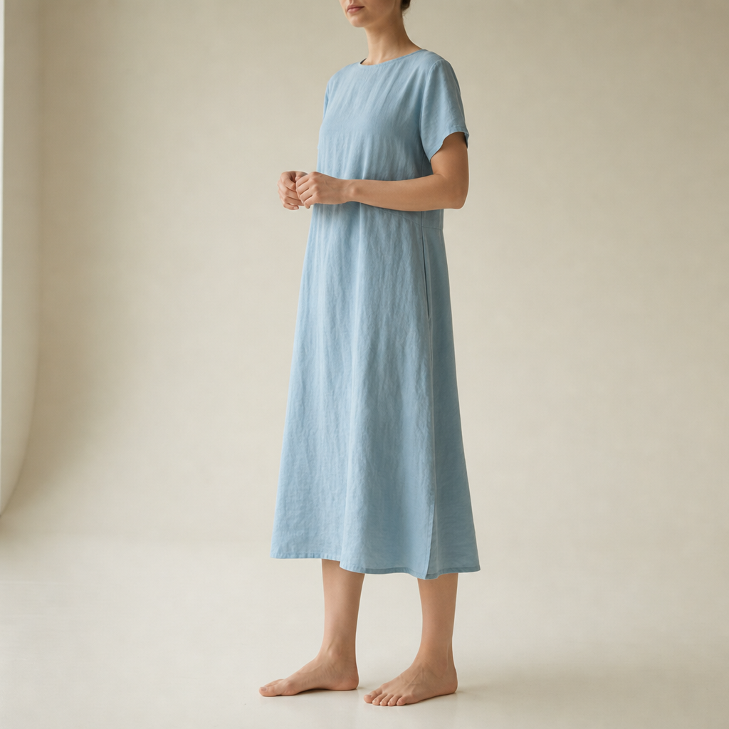 Kalymnos Loose Linen Midi Dress in Sky Blue
