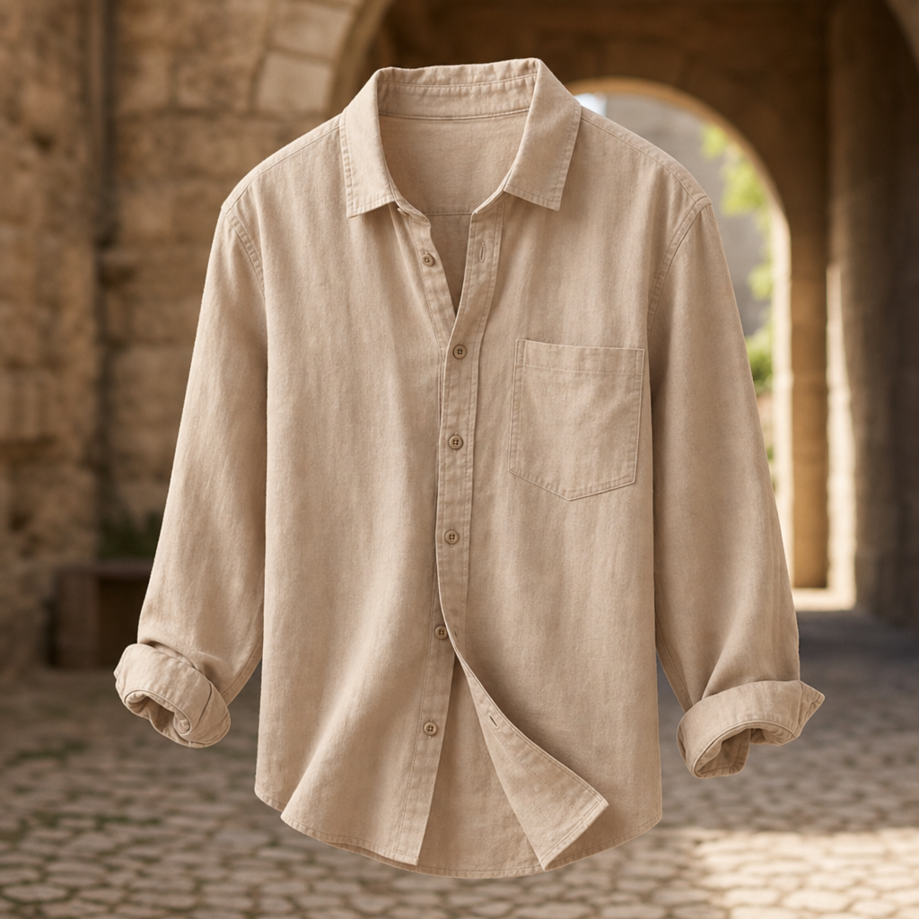 Trogir Linen Cotton Button-Up in Tan