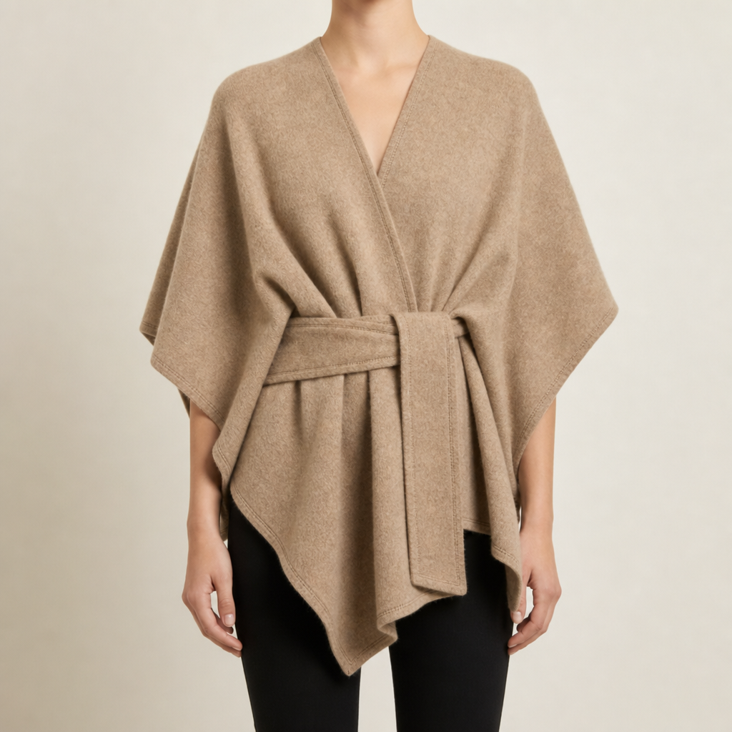 Maratea Belted Wrap Poncho in Taupe