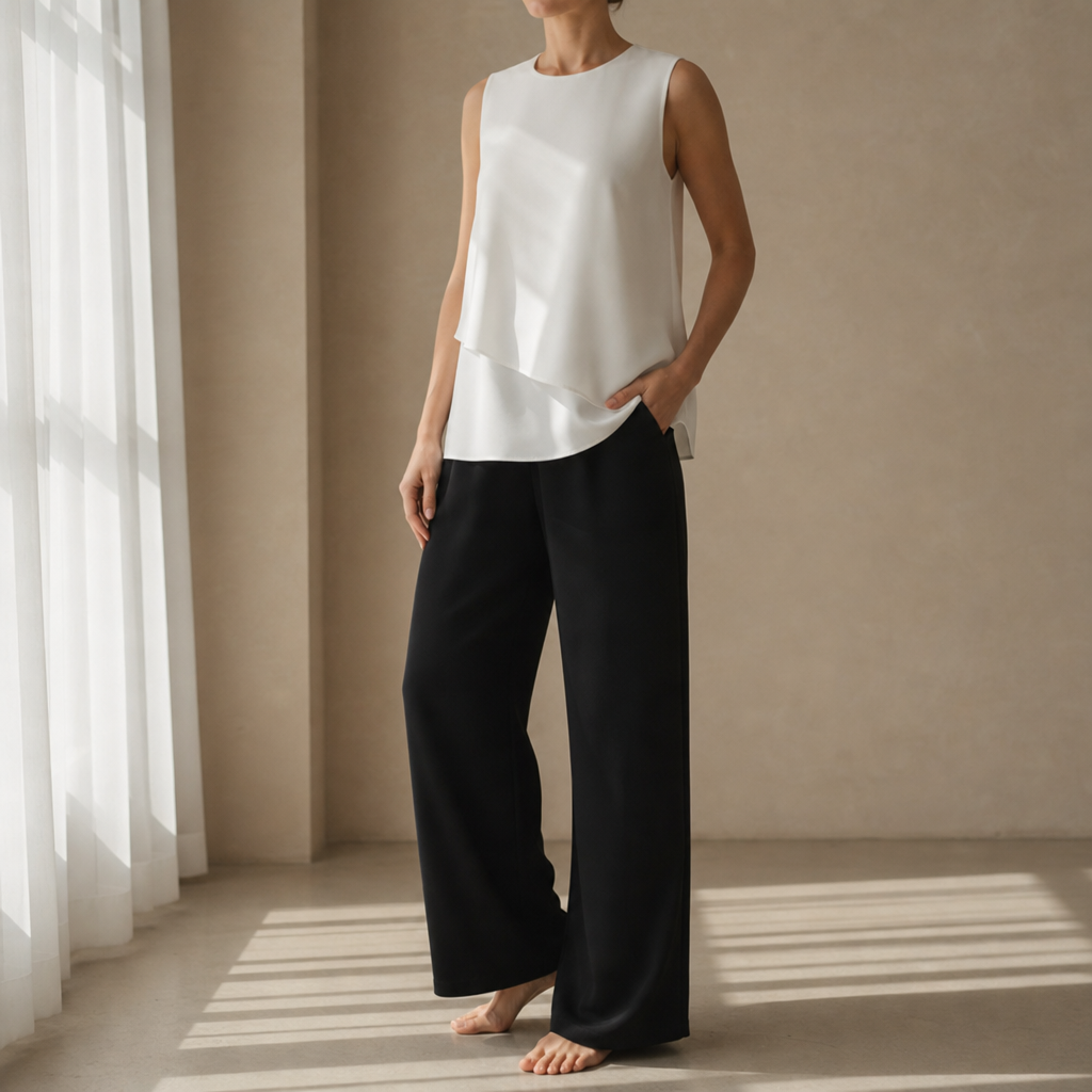 Merida Layered Top Pants Set in White & Black