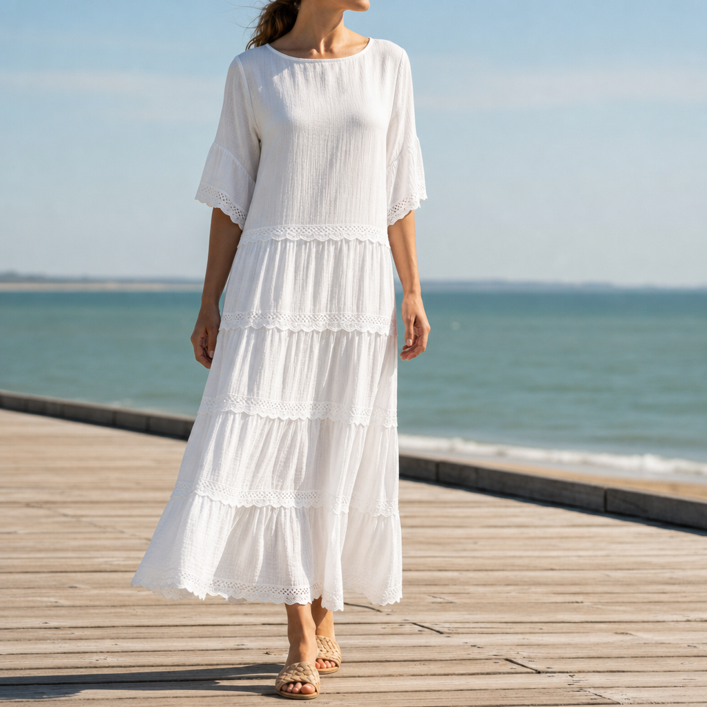 Bilbao Tiered Lace Trim Dress in White