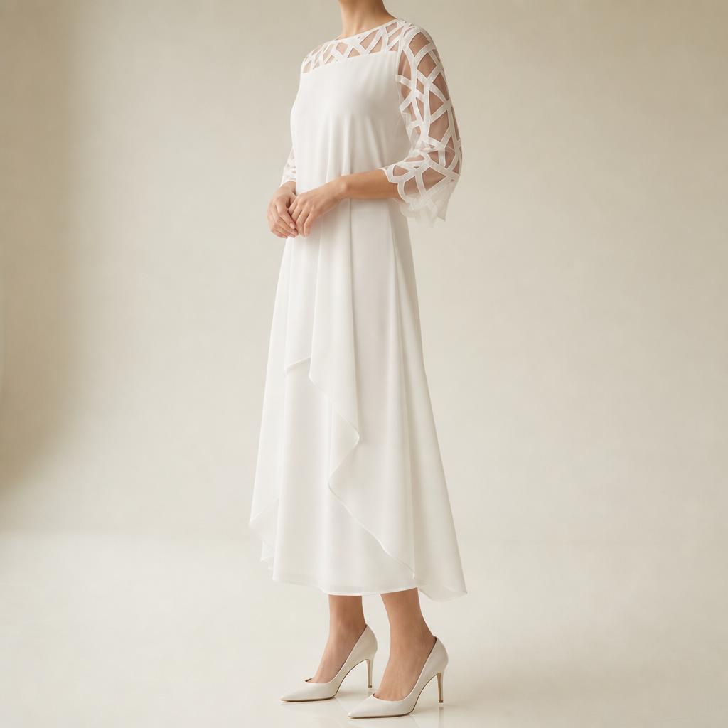 Olhao Lace Overlay Chiffon Dress in White