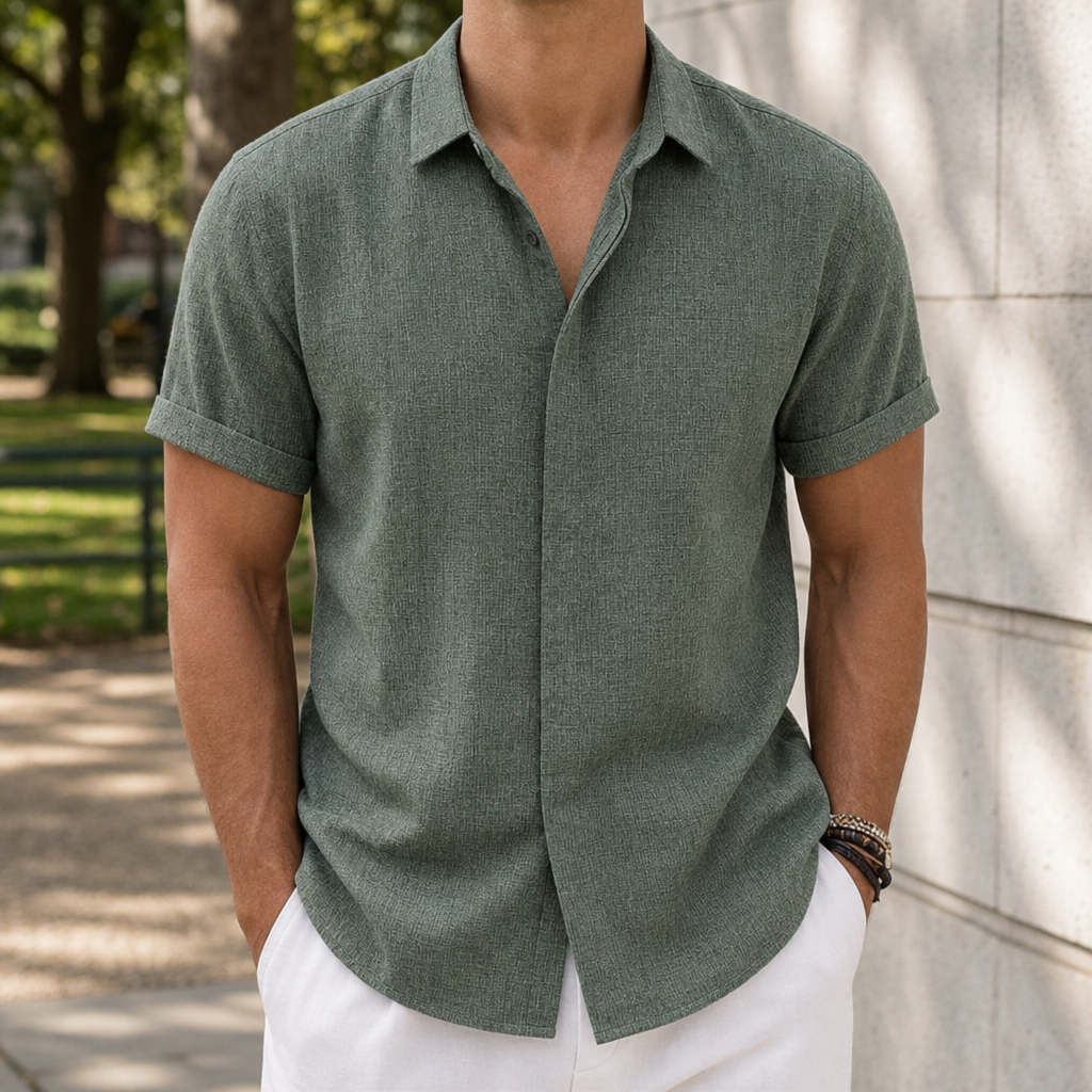 Malaga Linen Short Sleeve Shirt in Army Green