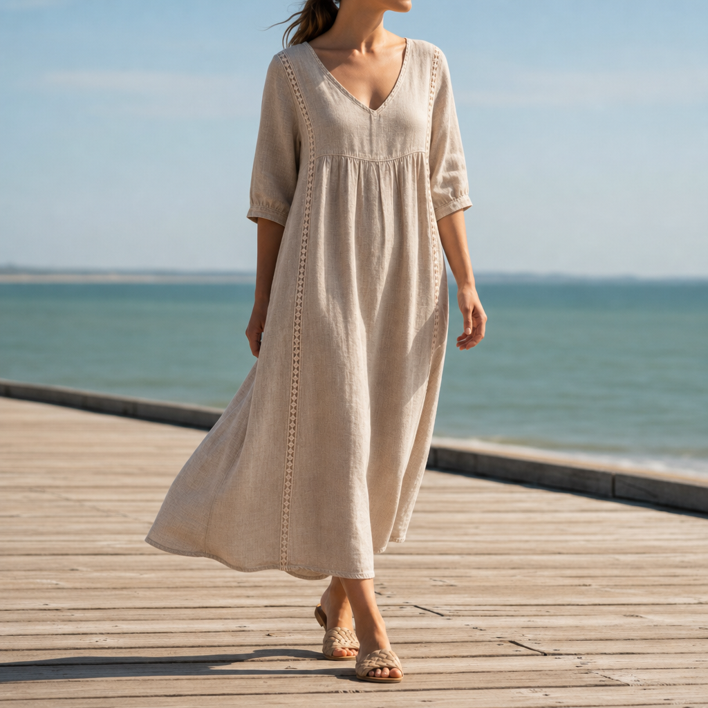 Alonnisos Lace Trim Midi Dress in Beige