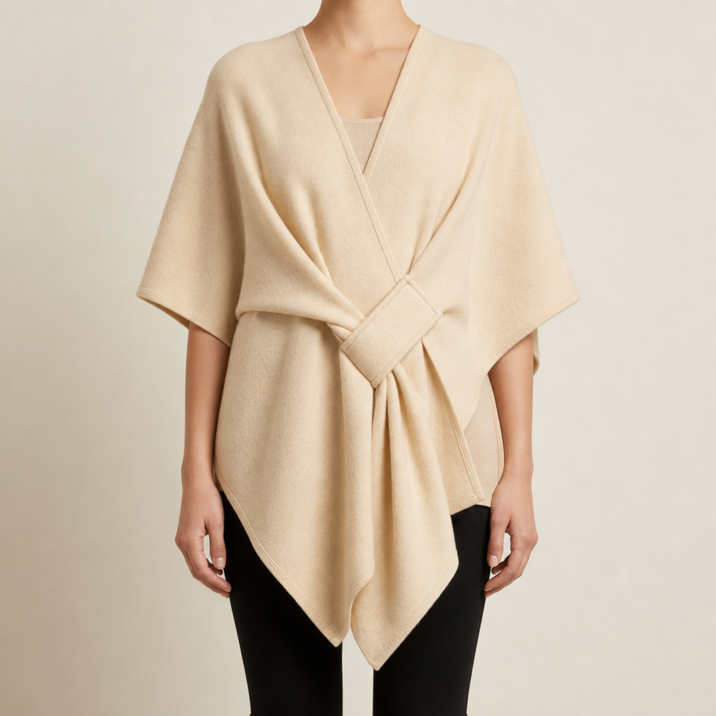 Maratea Belted Wrap Poncho in Beige