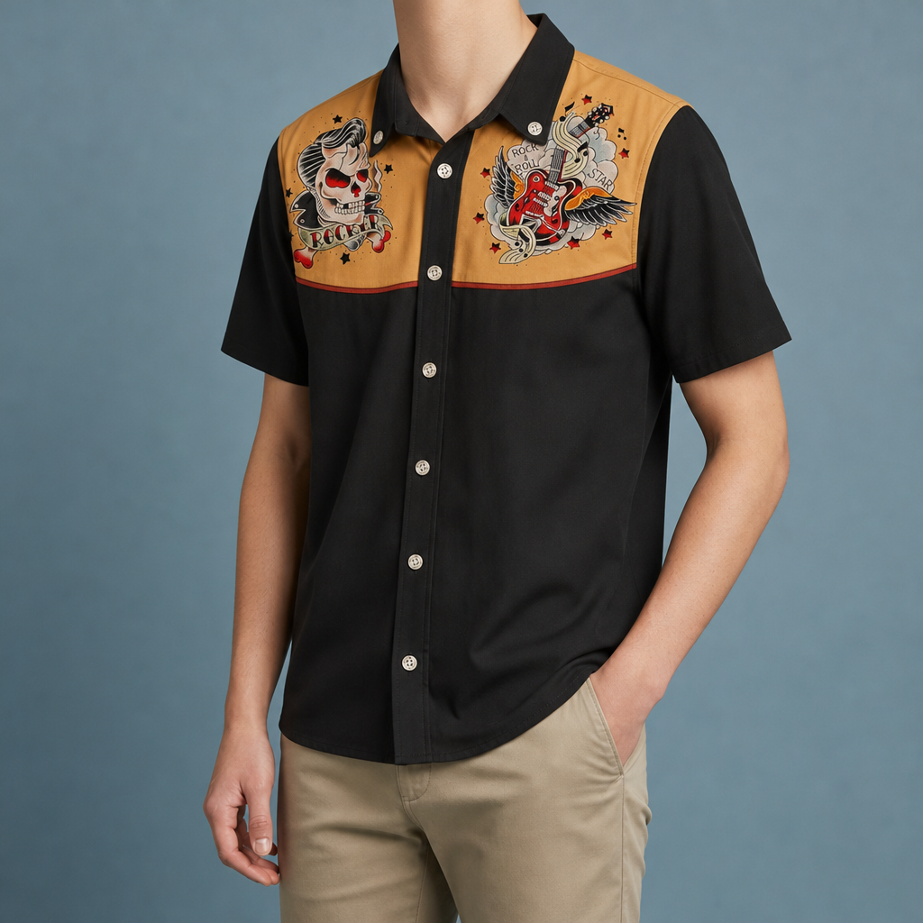 Palamos Astronaut Cowboy Western Shirt in Black And Tan