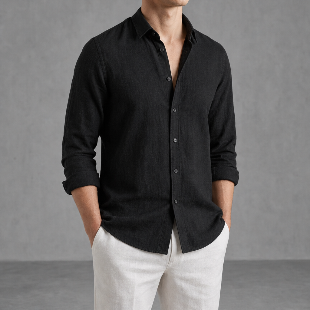 Saint Tropez Linen Relaxed Button-Up Shirt in Black