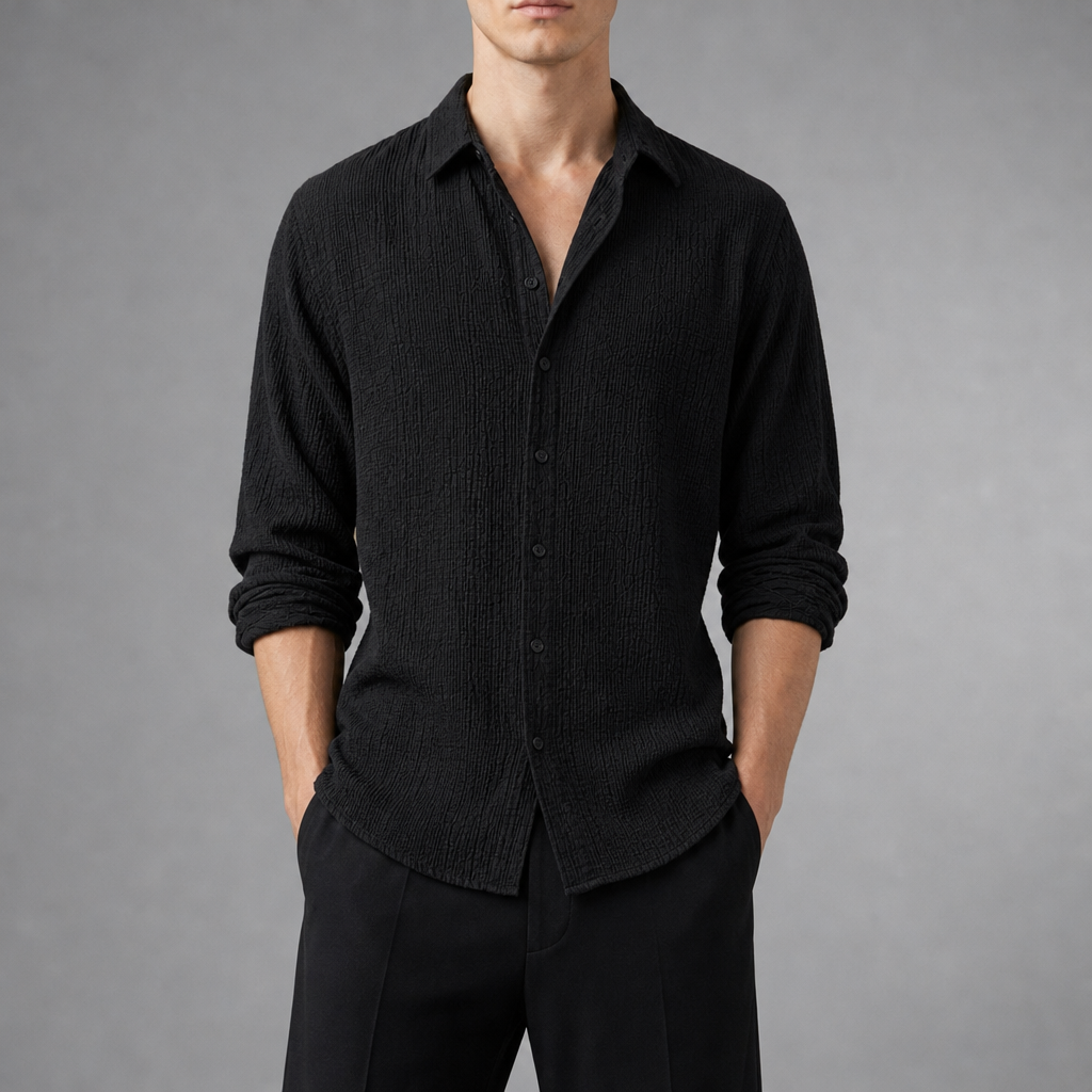 Corfu Textured Linen Shirt in Black