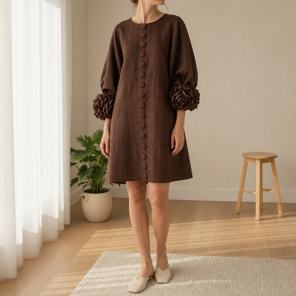 Marvao Rosette Cuff Linen Dress in Brown