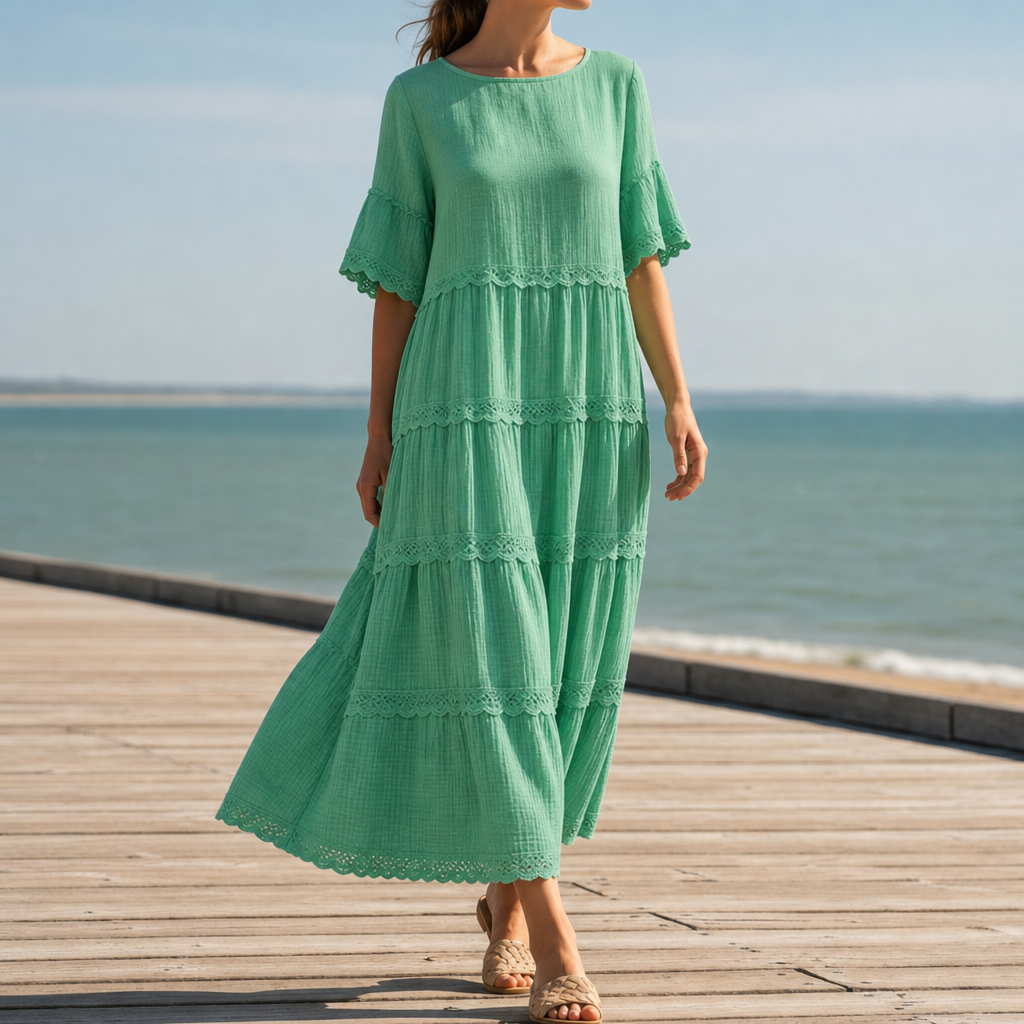 Bilbao Tiered Lace Trim Dress in Green