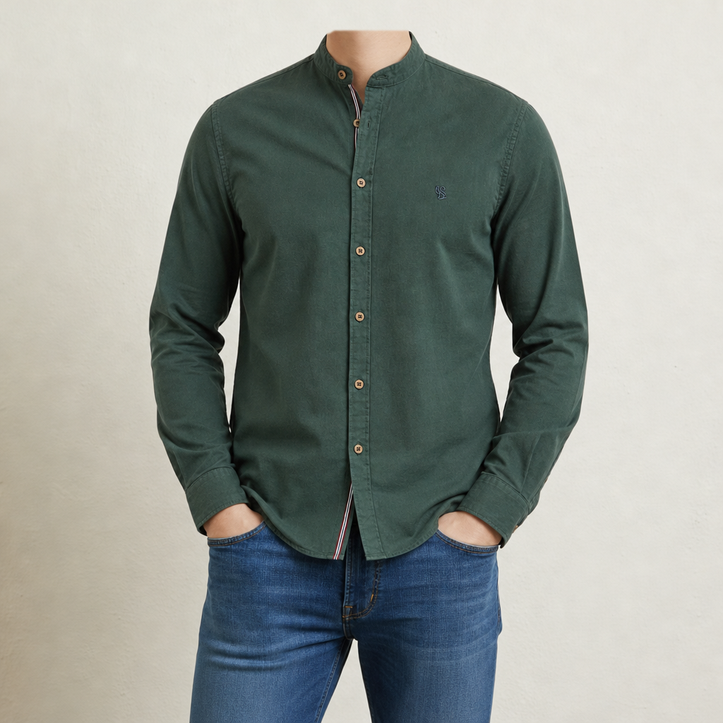 Naxos Band Collar Cotton Shirt in Green