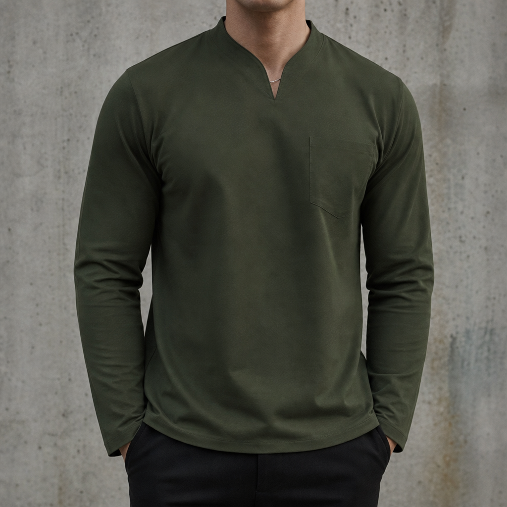 Tropea V-Neck Long Sleeve Tee in Pockets-Army Green