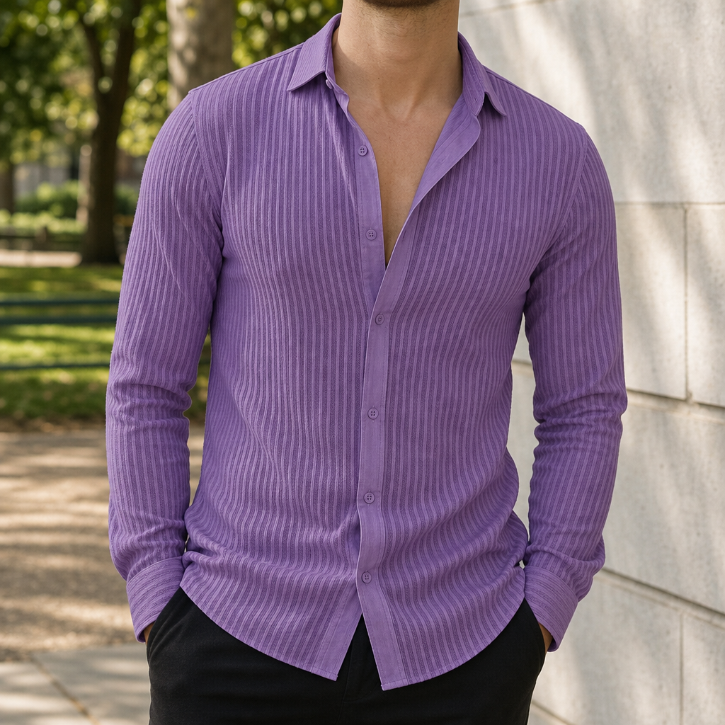 Trujillo Striped Lapel Button Shirt in Purple
