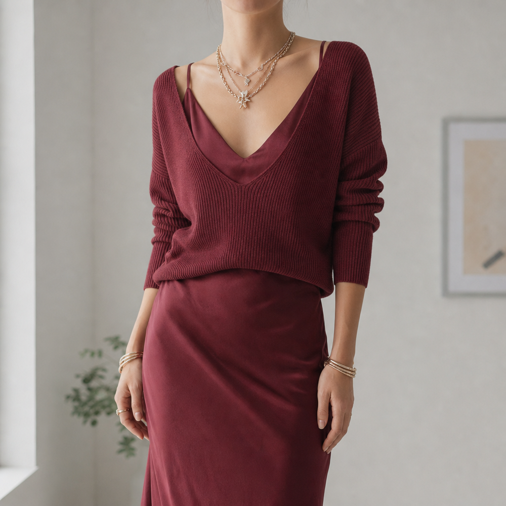 Vence Knit Sweater Satin Set in Red
